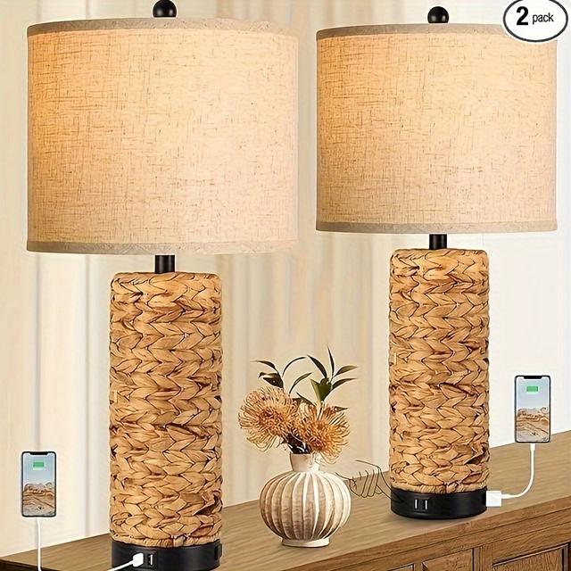 TEMU Set Of 2 Table Lamps For Bedroom 3 Way Dimmable Nightstand Lamps For Living Room Coastal Sea Grass Bedside Lamps With 2 Usb Ports And 1 Ac Outlet, 2700k Led Bulbs Included
