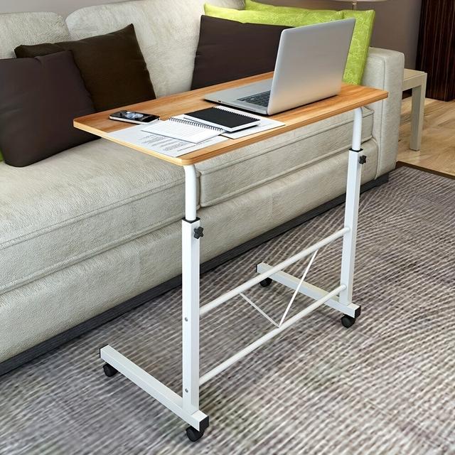 TEMU Mobile Laptop Desk With Wheels, Measuring 60x40 Cm, Featuring Adjustable Height. Ideal For Use Or Bedroom, Made Of Yellow Pear Wood.