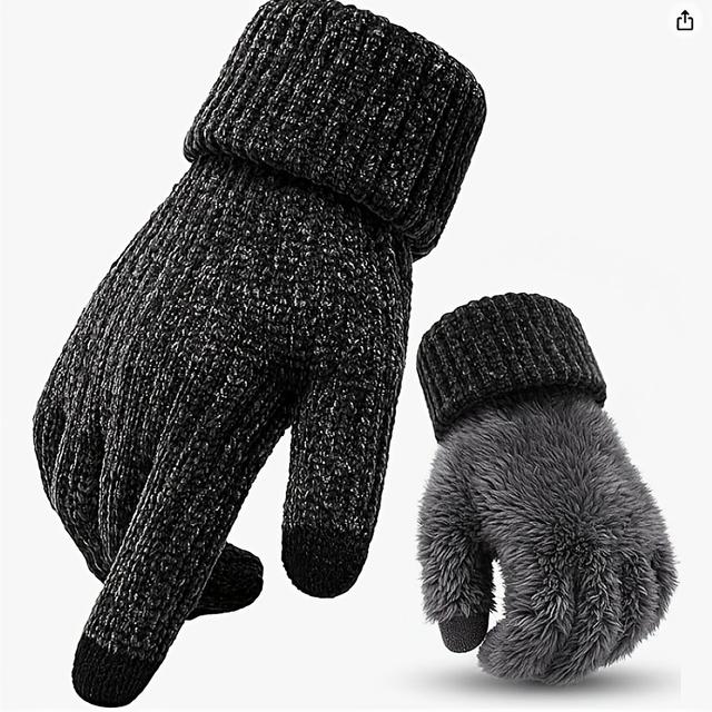 TEMU 새로운 가을-겨울용 이중 레이어 플리스 안감 풀 핑거 장갑 한 쌍 | 남녀공용, 방풍, 스키, 하이킹, 출퇴근용 따뜻한 장갑, 확장 및 접이식 커프스, 부드러운 플리스 안감