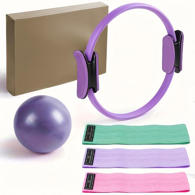TEMU Pilates Ring Set - Anti-deformation With Handles, Rubber/eva/fiberglass - Includes Pilates Mini Ball, Elastic Resistance Bands & Workout Guide - Portable Fitness Equipment