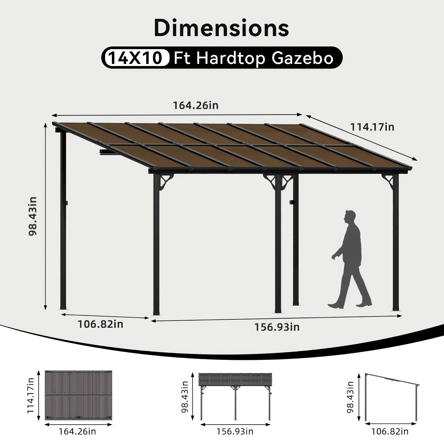TEMU Sonegra 16x10ft/8x5ft Gazebo & Pergola Set | Wall-mounted Aluminum Frame & Polycarbonate Panel Pergola Kit With Canopy/awning, Waterproof Outdoor Cover For Patio, Deck, Backyard Shade (dark Grey)