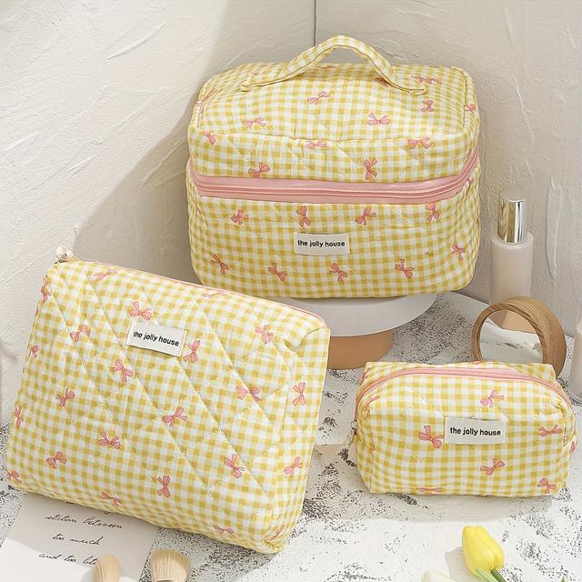 TEMU 3pcs Set Yellow Bow Large Capacity Travel Makeup Bag, Multifunctional Cosmetic Organizer, Women's Small Cosmetic Bag, Open Top Toiletry Bag, Suitable For Cosmetics, , Gift For Women, Students