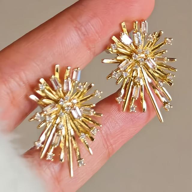 TEMU 1 Pair Sparkling Cubic Fireworks Earrings - Luxury Starry Sky Stud Style, Exquisite Quality & , Multi-occasion Essential Jewelry
