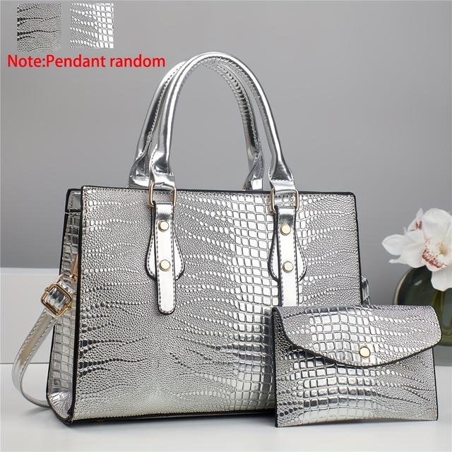 TEMU Conjunto de Duas Peças para Mulher com Bolsas com Padrão de , Incluindo um Carteira Prateada Premium, uma Mala Tote Brilhante com Decorações de Strass, com Fecho de Zíper