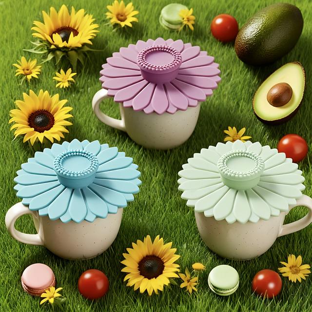 TEMU 3pcs Heat-resistant, Leakproof Sunflower Cup Lid Made Of Food-grade Silicone, Ideal For Mugs, Cups, Tea, Coffee - Reusable & Multipurpose, Must-have Kitchen Accessory