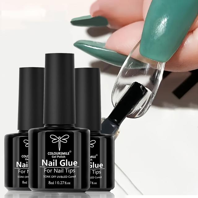 TEMU مجموعة من 3 لاصقات أظافر مع فرشاة للاستخدام على أظافر الضغط، والأنواع، والأظافر الاصطناعية. هذا الغراء فائق القوة يدوم أكثر من 28 يومًا (يتطلب معالجة) ومثالي لتمديد الأظافر.