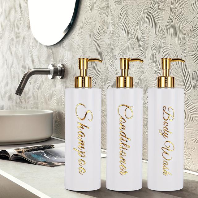 TEMU 3pcs 500ml Refillable Shampoo & Conditioner Dispenser Set - Stylishpump Bottles For Bathroom Storage - Durable, Leak-proof Space-savingdesign Golden Font Does Not Fade