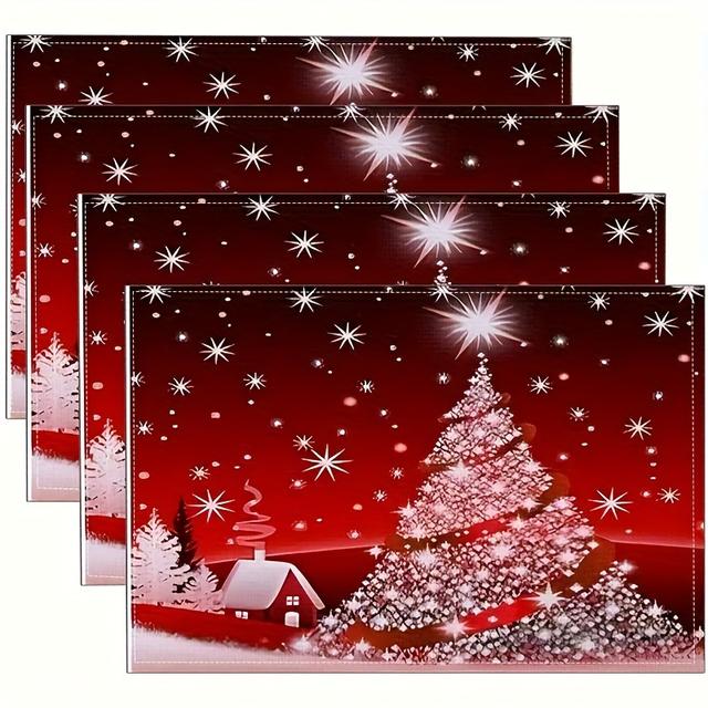 TEMU Weihnachtsbaum-Tischsets, 4er-Set, nur Handwäsche, rechteckige Tischsets aus Polyestergewebe für die Dekoration des Esstisches während der Feiertage, festliche Küchentischsets