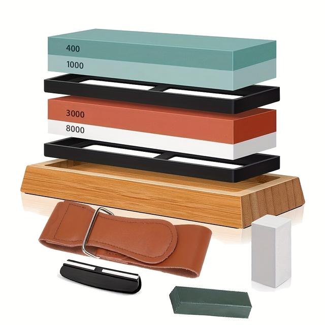 TEMU Sharpening Stone, Honing Stone, 10-in-1 Dual-sided Sharpening Stone With 400/1000 And 3000/8000, Professional Whetstone With Angle Guide And Non-slip Bamboo Base.