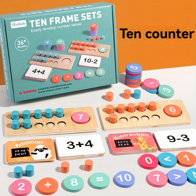 TEMU أدوات تعليمية خشبية مكونة من عشرة شبكات لتعليم الحس العددي والجمع والطرح وعداد العشرات، ألعاب رياضية تعليمية، هدية مثالية للأطفال من 3 إلى 6 سنوات