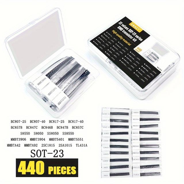 TEMU A Kit Of 22 Types Of Sot-23 Transistors Including Bc807, Bc817-40, Bc847c, Bc847b, Bc857c, S8550, S8050, Mmbt3904, Mmbt5401, Mmbta42, Mmbta92, And Tl431, Totaling 440pcs Of Electronic Components