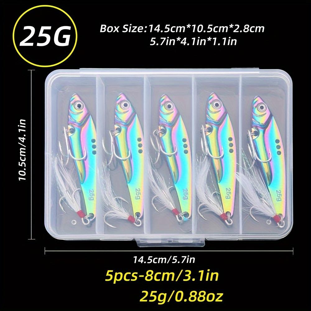 TEMU 5pcs/box Vibrant Colorful Vibration Sequin Long Casting Vib Fishing Lure - Premium Artificial Bait Sinking Spinner Spoon Swimbait - Ideal For Freshwater And Saltwater Fishing