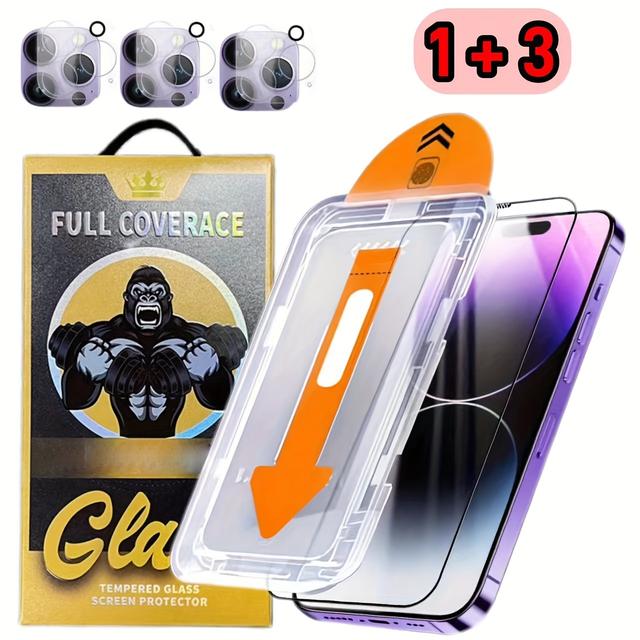 TEMU 【for iPhone 11/12/13/14/15/16 Plus/Pro/Pro Max 対応】4-in-1 HD 強化ガラス ステクター + カメラレンズフィルム 3枚セット - ダストフリー、気泡なし、ケースに干渉しない、傷防止、反射防止、指紋防止、傷防止