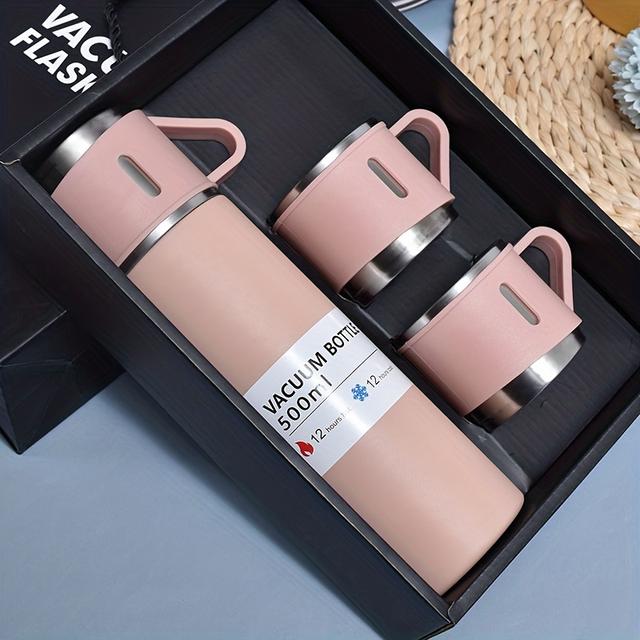 TEMU A Stainless Steel Vacuum Cup Set, 500 Ml/ Oz Vacuum Insulated Water Bottle, With 3 Cups, Stainless Water Bottle Holder, Suitable For Coffee And Cold Drinks, Ideal Back-to-school Supplies