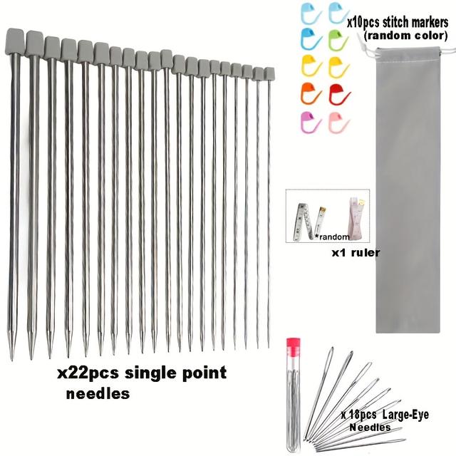 TEMU 22-teiliges Set aus Edelstahl-Stricknadeln mit Sperrmechanismus, Großaugen-Nadeln Maßband – Einzelspitzen Strickset für Anfänger, Häkelnadel 2.0–8.0 mm Bastelnadeln