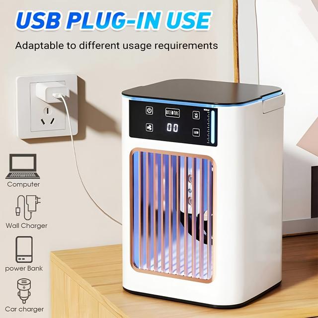 TEMU Portable 3-in-1 Air Cooler With Humidifier & Fan | 900ml Large Tank, 7 Colour Night Light, , 3 Speeds & Dual Spray | Usb-powered For Personal Cooling In Home, Office, Bedroom, Camping -