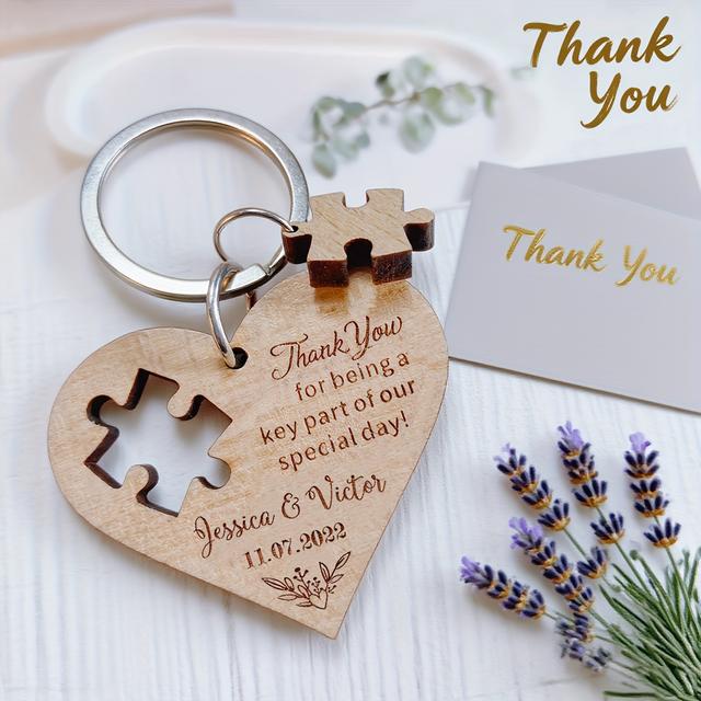 TEMU 12pcs Custom Wedding Favors For Guests - Wooden Heart Puzzle Keychains With Thank You Cards, Bridal Shower Gifts