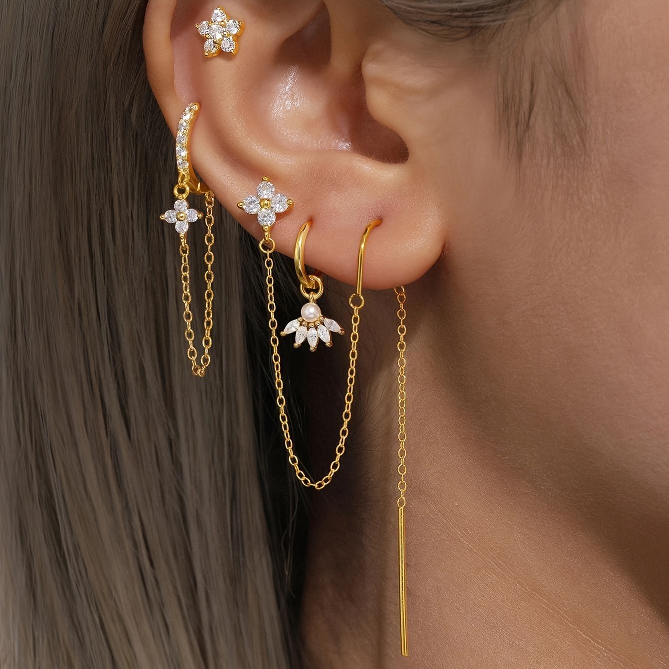 TEMU 4pcs Women's Tassel Chain Small Flower Pendant Earring Stud Set Exquisite Luxury Individual Suitable For Women's Jewelry Ear Jewelry Gift Daily Party Travel Wear