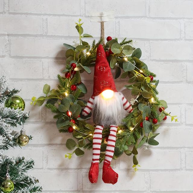 TEMU 1pc Festive Gnome Led Christmas Wreath - Striped Santa Hat With , Greenery & Red Berries, Battery-powered Wall Hanging Decoration For Indoor/outdoor Holiday Decor, Gnome Christmas Decorations