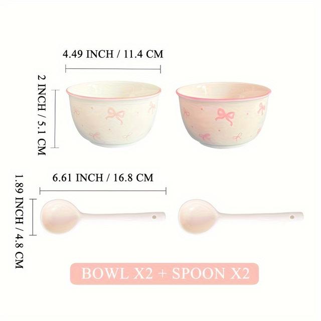 TEMU Cute Bow Pattern Ceramic Dinnerware Set - 4pcs, Includes 2 Bowls And 2 Spoons, Microwave, Oven, And Dishwasher Safe, Perfect For Home Decor