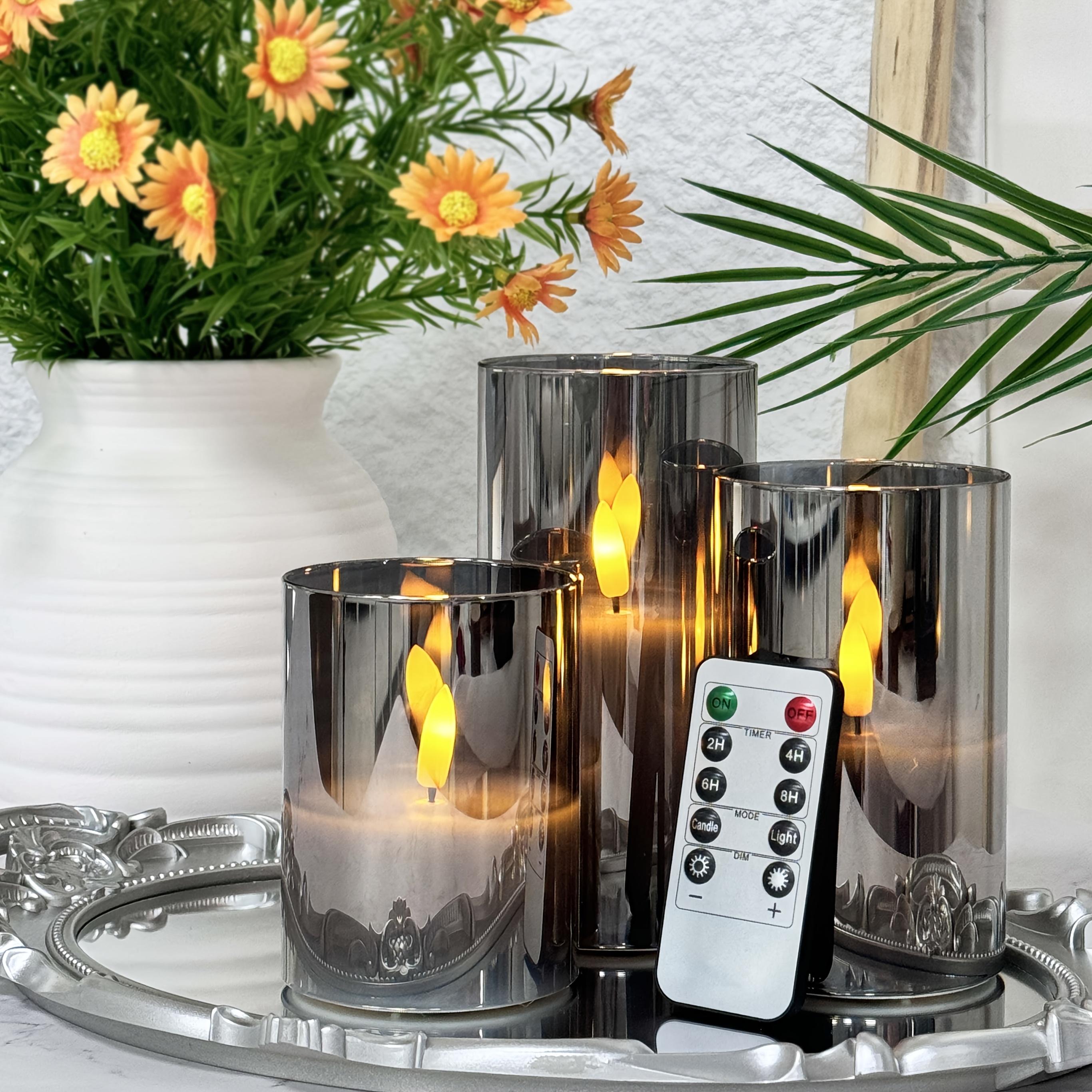 TEMU Valentine's Day, Mother's Day 3pcs Flameless Candle Set With Remote Timer: 3d Wick Battery-powered Led Pillar Candles, Acrylic Electronic Candle Set For Home Decor Romantic Ambiance - Gray