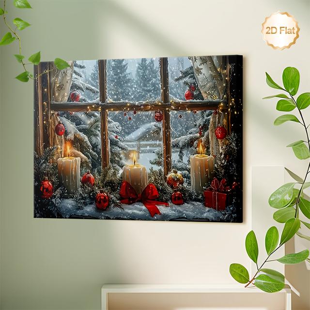 TEMU 1 Stück gerahmtes 2D Flachbild auf Leinwand, Weihnachtskerzen-Dekoration mit verschneitem Fensterblick, Deko für Wohnzimmer, Schlafzimmer, Esszimmer, Küche, Büro, Arbeitszimmer, Flur, 2D Flach