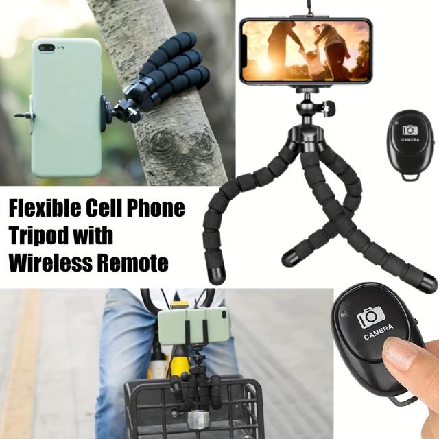 TEMU Premium Universal Flexible Tripod For Cell Phones , Adjustable Phone Holder Selfie Stick Tripod Stand With Wireless Best For Photograph, Live Streaming, Video Recording