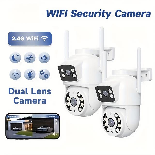 TEMU 2pcs 8mp Dual Lens Security Camera, 2.4ghz Wifi Cameras For Home Security With Auto Tracking, Human Detection, Color Night Vision, Audio