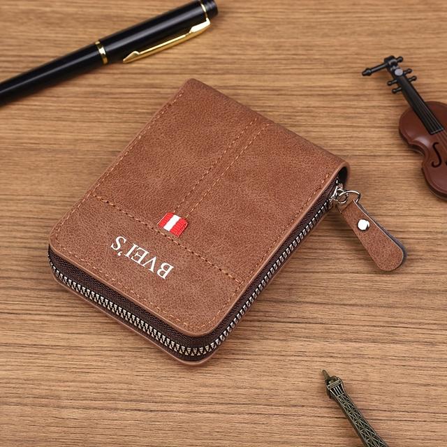 TEMU Vintage Style Men's Wallet, Faux Leather Bifold With Zipper Closure, Polyester Lined, Hand Washable - Ideal For Travel & Everyday Use