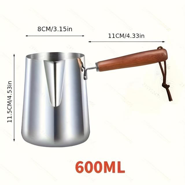 TEMU Stainless Steel Coffee Pot With Wooden Handle - 600ml/1000ml, Anti-scald & Rust-resistant, Milk Frothing, Espresso, Butter Melting & Chocolate Making, Thanksgiving