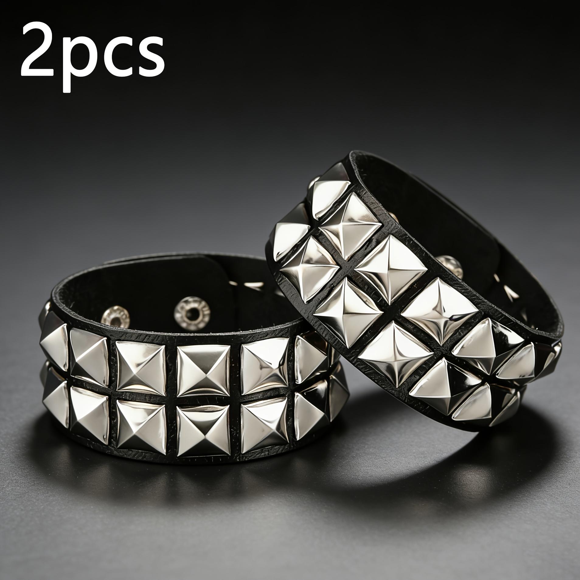 TEMU 2pcs Gothic Double Row Pyramid Studded Faux Leather Bracelets For Men Women, Adjustable Punk Rivet Wristbands, Cuff Bangles, Hip Hop Jewelry Gift