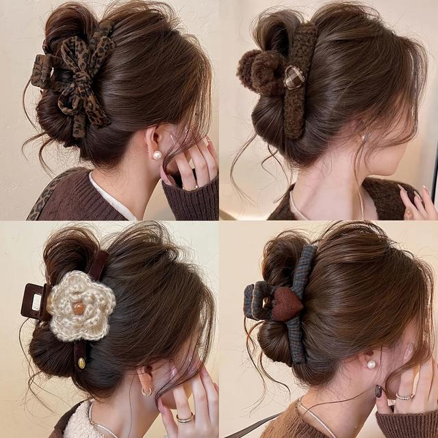 TEMU 4개 세트 프린트 리본 & 대형 상어 클립 | 여성용 고급스러운 감성, 우아한 빈티지 스타일, 뒷머리 헤어 클립, 데일리 및 파티에 적합, 플라스틱 재질