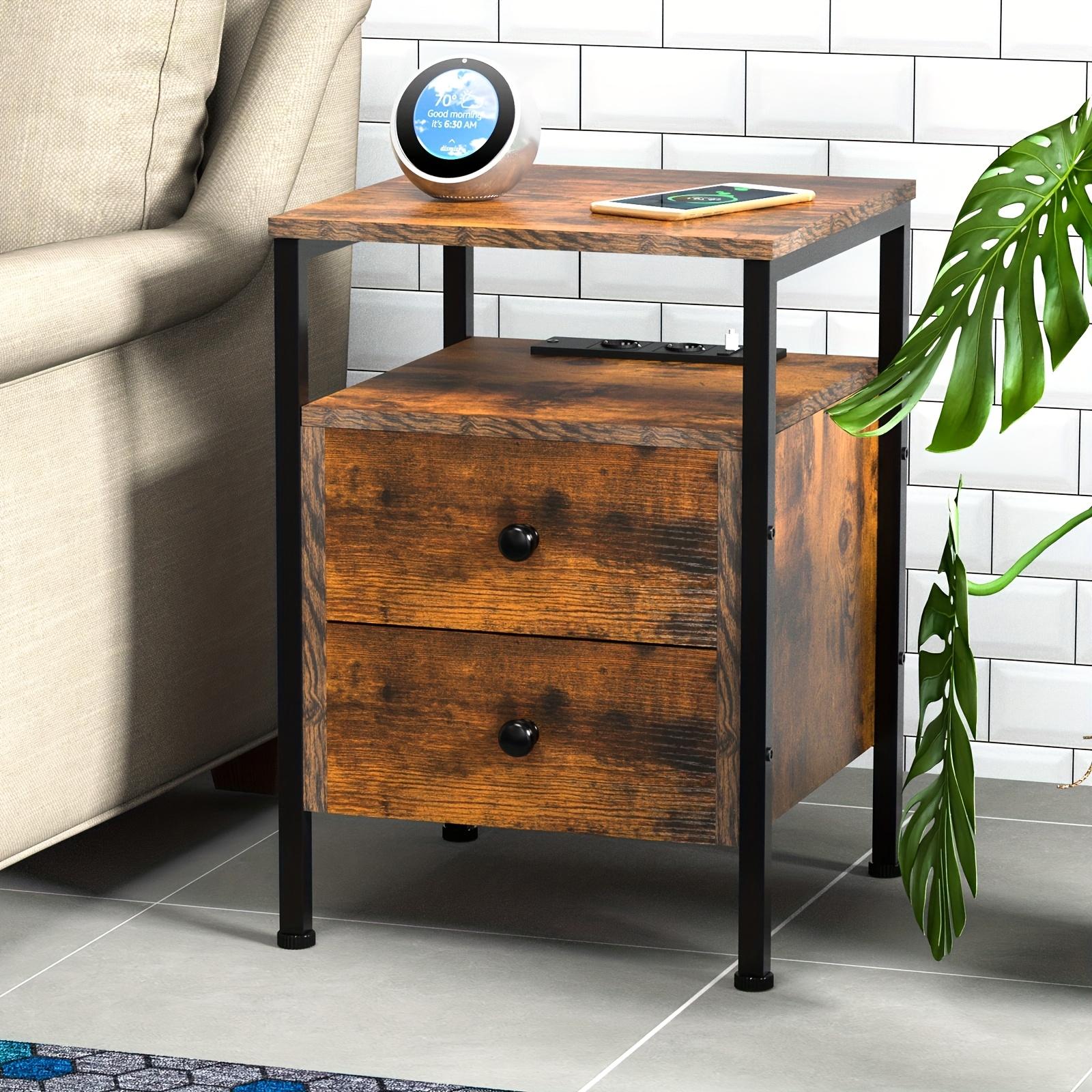 TEMU Vintage Industrial Bedside Table - Heavy-duty Metal Frame Nightstand With 2 Drawers & Open Shelf, Space-saving Bedroom Living Room Side Table, Easy (40x40x61cm)