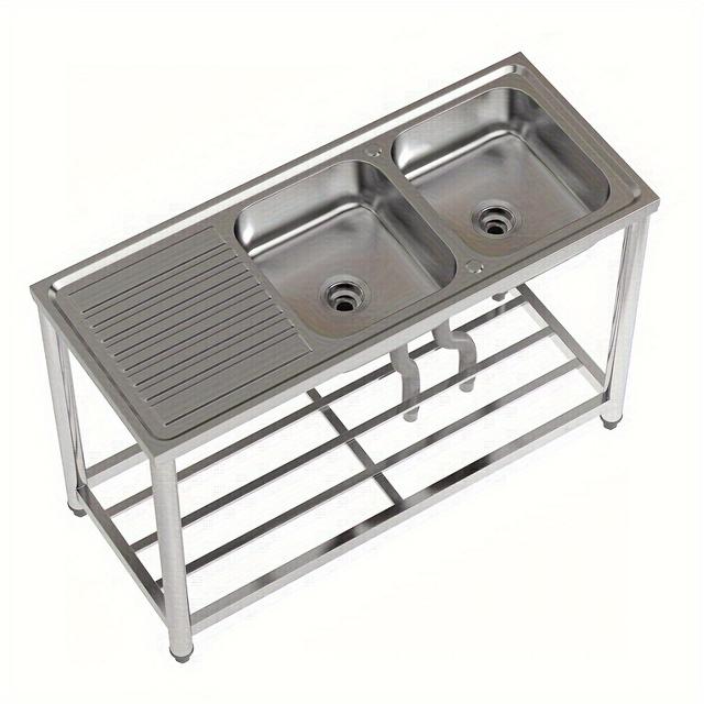TEMU 120x50cm Stainless Steel Commercial Catering Sinks Reversible Kitchen Double Bowls Work Table With Drainer Unit
