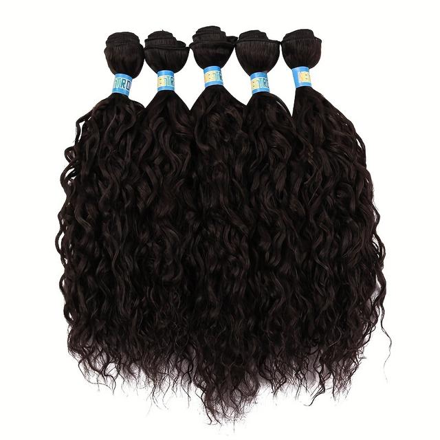 TEMU 5 Bundles Water Wave Curly Synthetic Hair Bundles Double Weft Water Wave Bundles Black Color 16 Inch