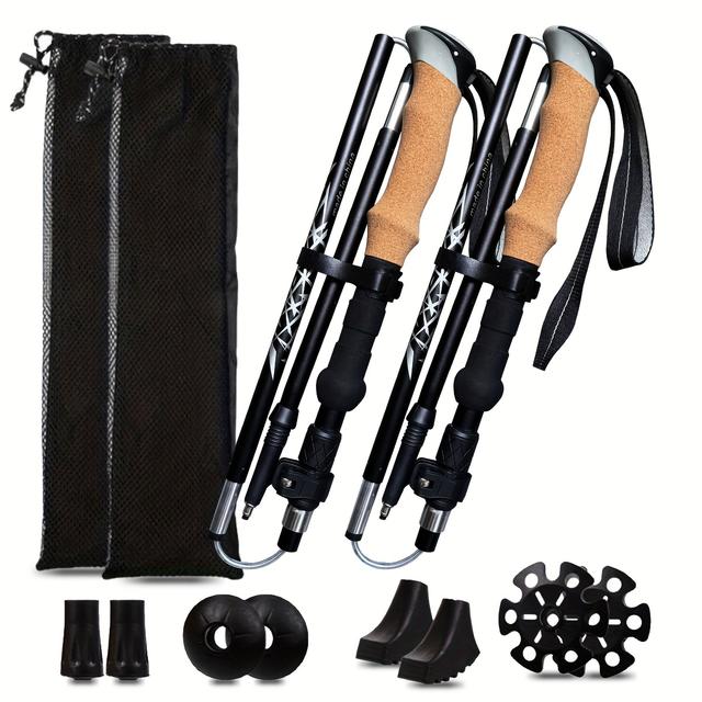 TEMU 2pcs Of Cork Handle Folding Trekking Poles, Made Of Lightweight Aviation Aluminum Alloy, Walking Sticks With Ergonomic Grips And Sweat-absorbing Wooden Supports, Suitable For Hiking And