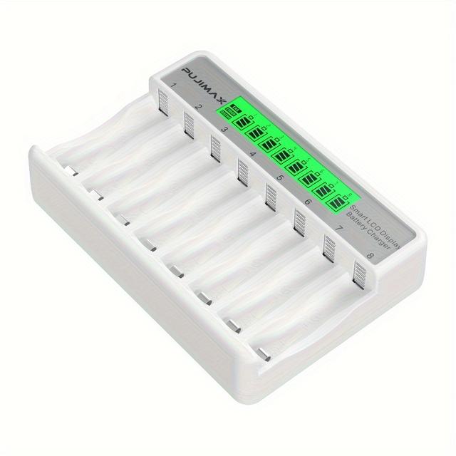 TEMU PUJIMAX Розумний Зарядний Пристрій з ЖК-Дисплеєм на 8 Слотів для Перезаряджуваних Нікель-Метал Гідридних Батарей AAA/AA Без Акумулятора