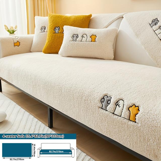 TEMU 1개 두꺼운 따뜻한 인조 양털 소파 쿠션, 겨울용 미끄럼 방지 거실 침실, 단색, 고급 고양이 스크래치 방지 소파 커버