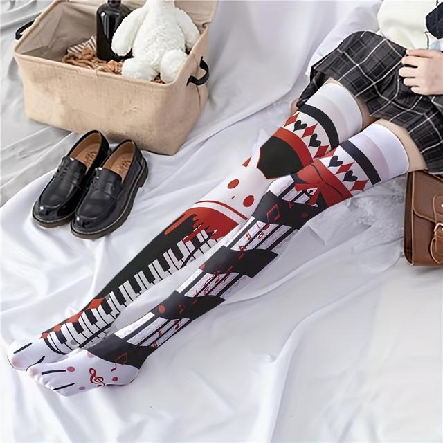 TEMU 1 Pair Of Cartoon Bunny And Black And White Piano Print Women's High Over-the-knee Socks, Soft And Tight High Stretch Socks Are The Best Gifts