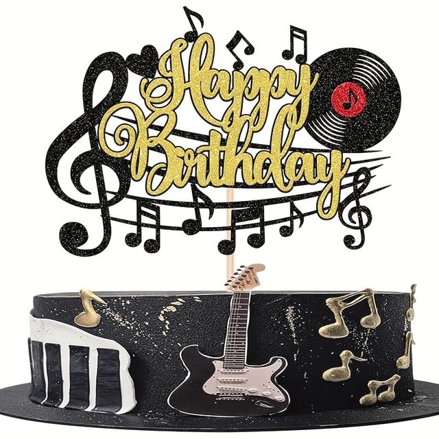 TEMU 1 db Zenei Boldog Születésnapi Tortadísz Arany-Fekete Csillámos Zenei Szimbólum CD Tortadísz Zenei Tortadíszítés Énekes Témájú Babaváró Születésnapi Parti Dekoráció Kiegészítők