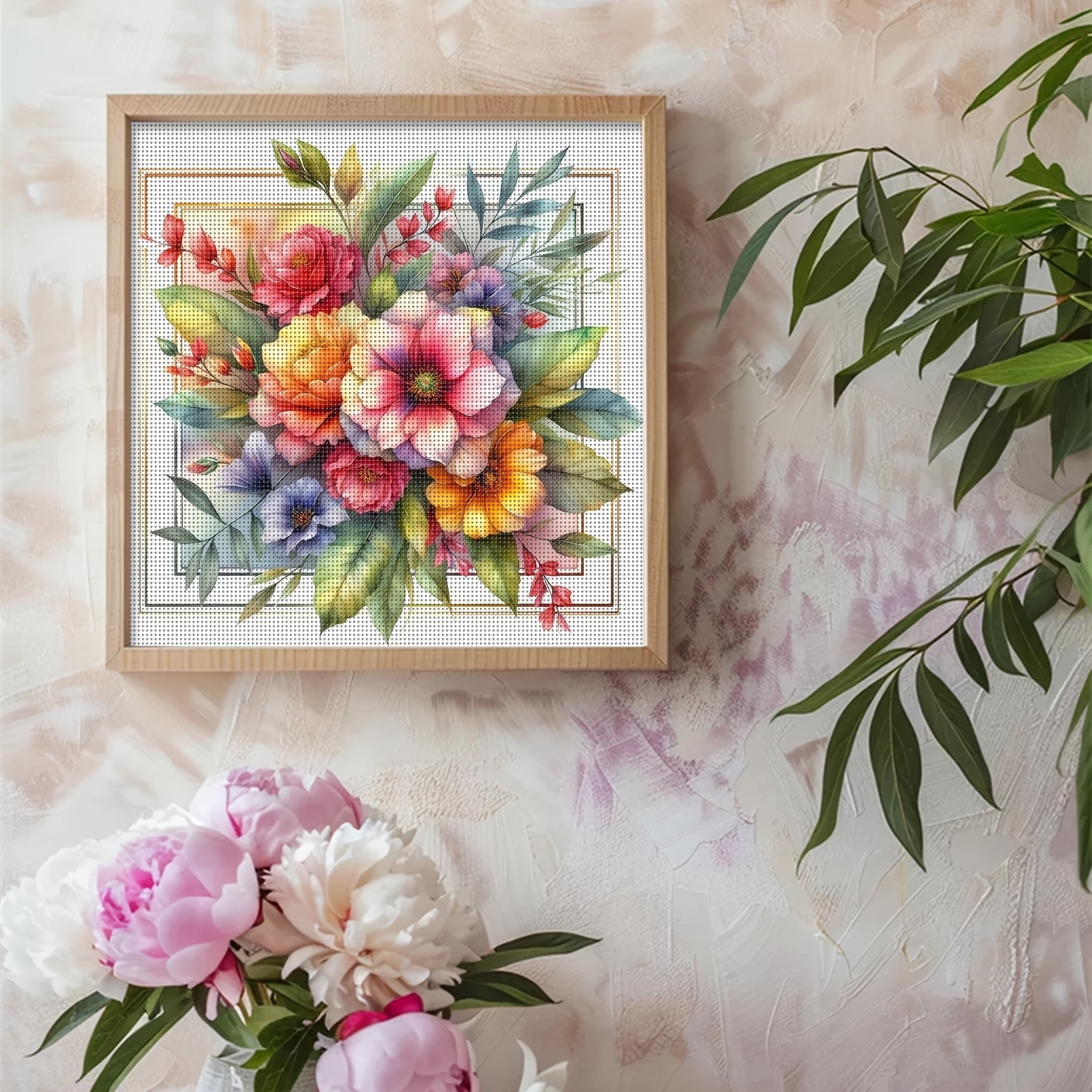 TEMU 1 Set - Floral Theme Cross Stitch Kit, Diy Premium Embroidery Craft, 11ct Aida Cloth Wall Art Decorative Hanging Painting, Creative Handmade Needlework For Home Decoration, Frameless