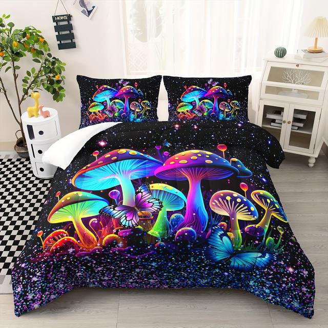 TEMU Mushroom Comforter Set, Colorful Sparkle Natural Wild Fungus Bedding Set, Botanical Plants Duvet Set Comforter With 2 Pillowcases