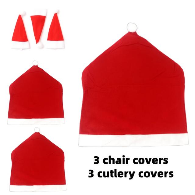 TEMU 크리스마스 의자 커버 및 식기 세트 6개 - 레인더와 눈꽃 자수가 있는 축제식 식탁 장식, 기계 세탁 가능하고 재사용 가능한 크리스마스 저녁 식사 테이블 설정, 3개의 좌석 커버 + 3개의 식기 홀더 포함, 전통 스타일, 폴리아크릴론 섬유, 크리스마스 저녁 식사 장식 | 전통 스타일 장식 | 내구성 있는 식기|식탁의자커버
