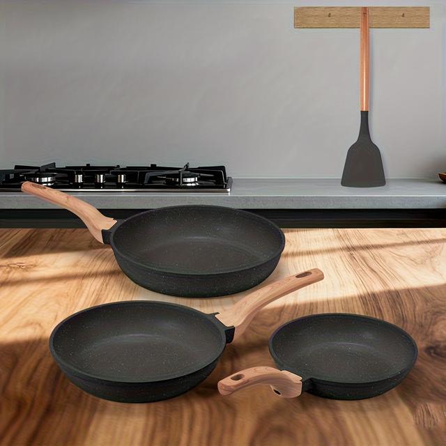 TEMU 3pcs Cookware Set With Spatula - Granite Coating Frying Pans (20/24/28cm), -free, Stay--resistant Handle, Alloy & Stainless - Induction Compatible For / Stoves - Easy Clean & Durable