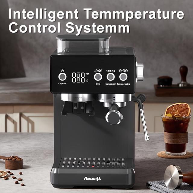 TEMU The Aeomjk Espresso Machine Can Beans, Milk, And Has Temperature And Time Displays. A Semi-automatic Coffee Maker That Allows For Single Or And Can Prepare Espresso, Lattes, And Coffee Beverages.