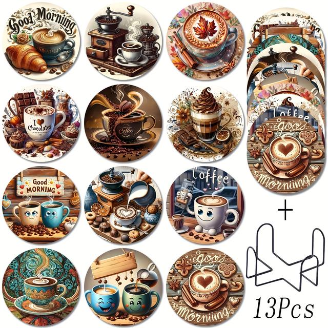 TEMU 12 stuks (zonder standaard)/13 stuks (met standaard) Koffie Serie Houten Onderzetters, Geschikt voor Volwassenen en Beginners, Woondecoratie, Cadeau Hittebestendige Onderzetters voor Koffie