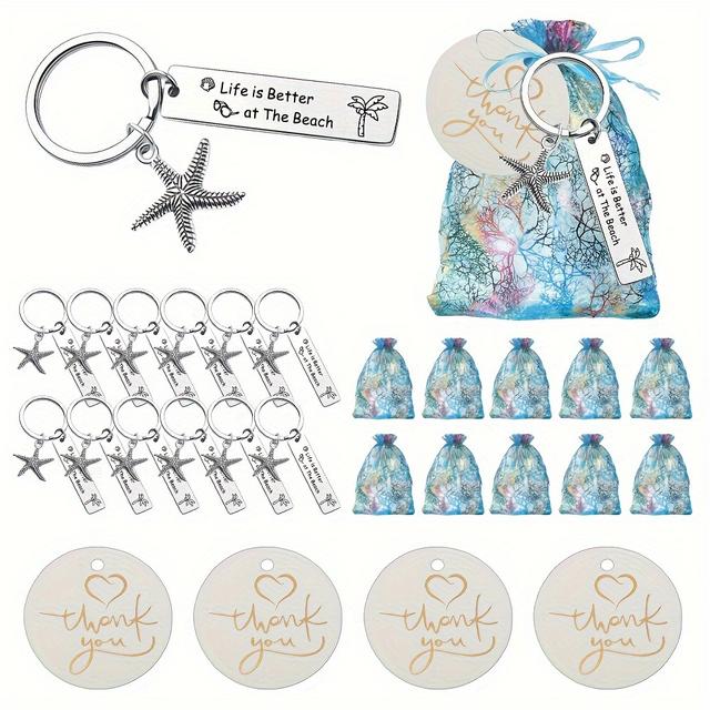 TEMU 彼女/彼へのギフト 36点セット、ヒトデキーホルダーギフトセット 12セット、「ビーチでの生活はもっと楽しい」、セット内容:インスピレーションを与えるキーホルダー12個、丸型ータグ12個、ブルーギフト用小袋12個、ビーチ、ビーチがテーマのパーティー、誕生日パーティー、クリスマスパーティー、ゲスト用記念品、大人向けギフトに