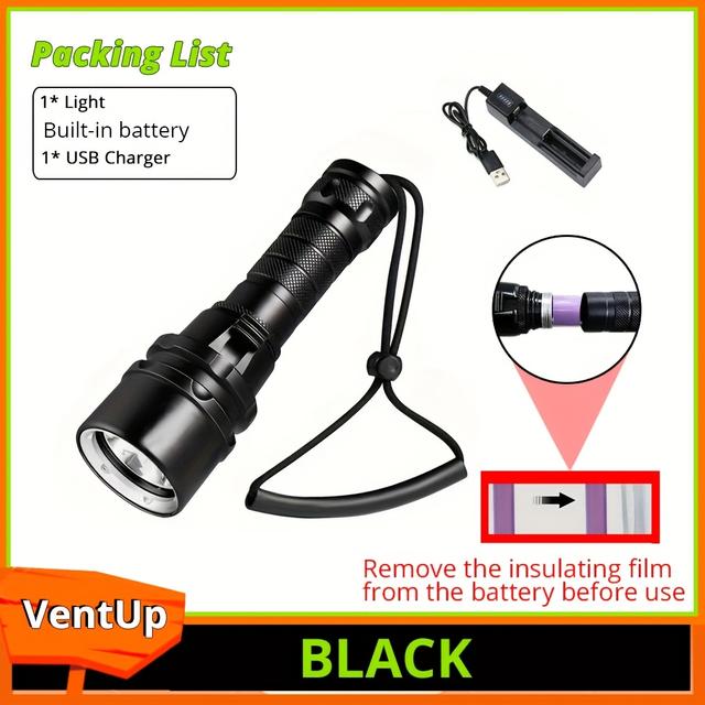 TEMU 1pc Aluminum Alloy Diving Flashlight, Highest Grade Ipx8, Professional Diving Torch With Hand Strap, Built-in Lithium Battery, Suitable For Diving, Fishing, Emergency Lighting At Night Etc.