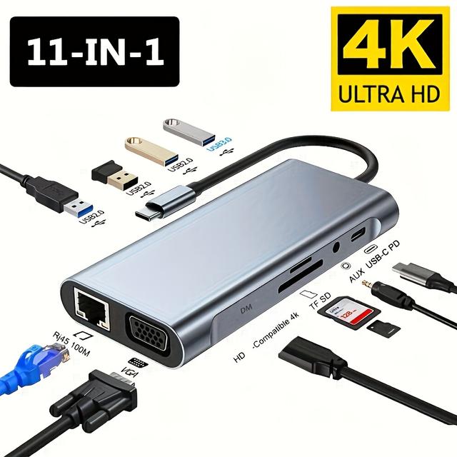 TEMU 11-in-1 Expansion Dock Metal Usb3.0 Port 4k Tf Sd Vga