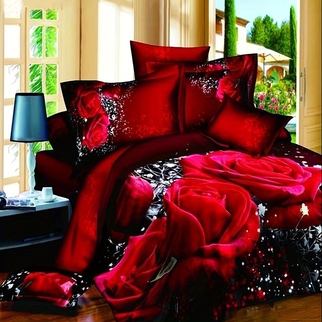 TEMU 2/3pcs Rotes Rosen-Druck-Bettwäscheset, Schlafzimmer-Dekor-Bettbezug Mit Kissenbezügen, Kein Füllstoff (1pc * Bettbezug + 1/2pcs * Kissenbezüge, Kein Kissenkern)